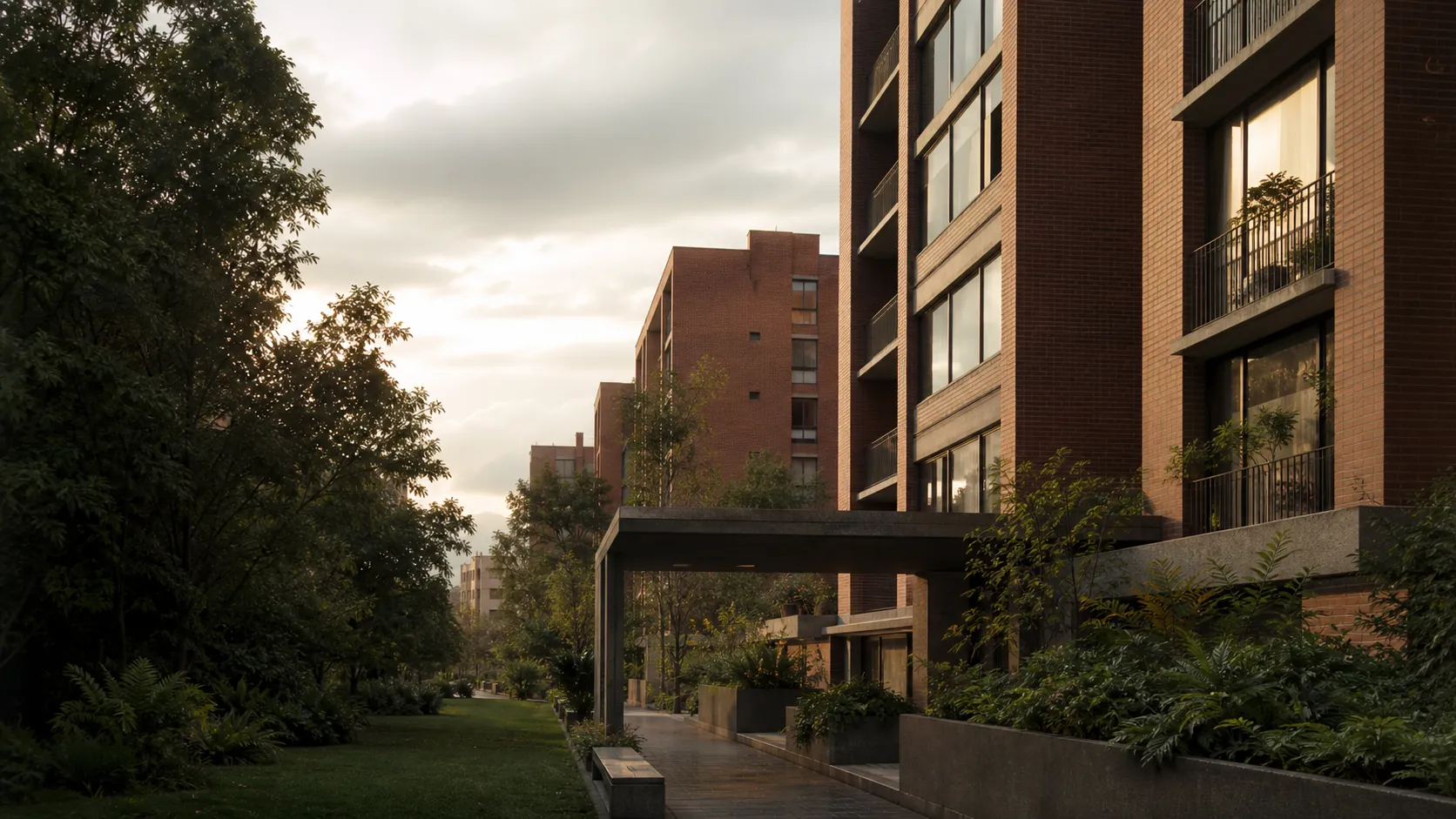 Ilustración de arquitectura residencial rodeada de jardines
